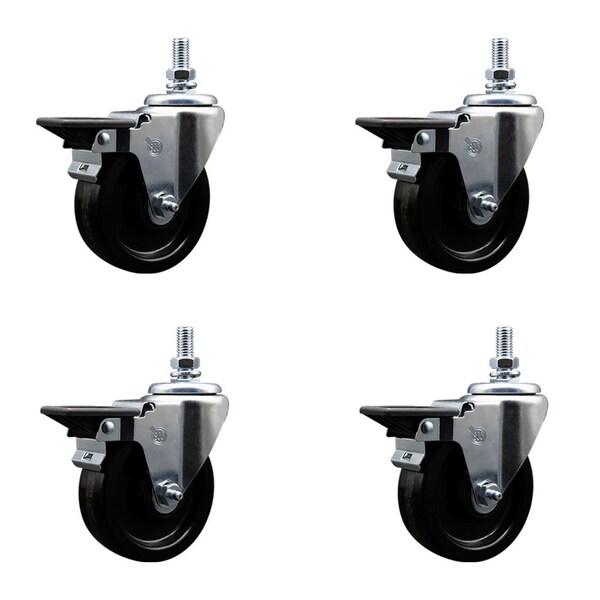 4 Inch Phenolic 12 Inch Threaded Stem Caster Set with Brake